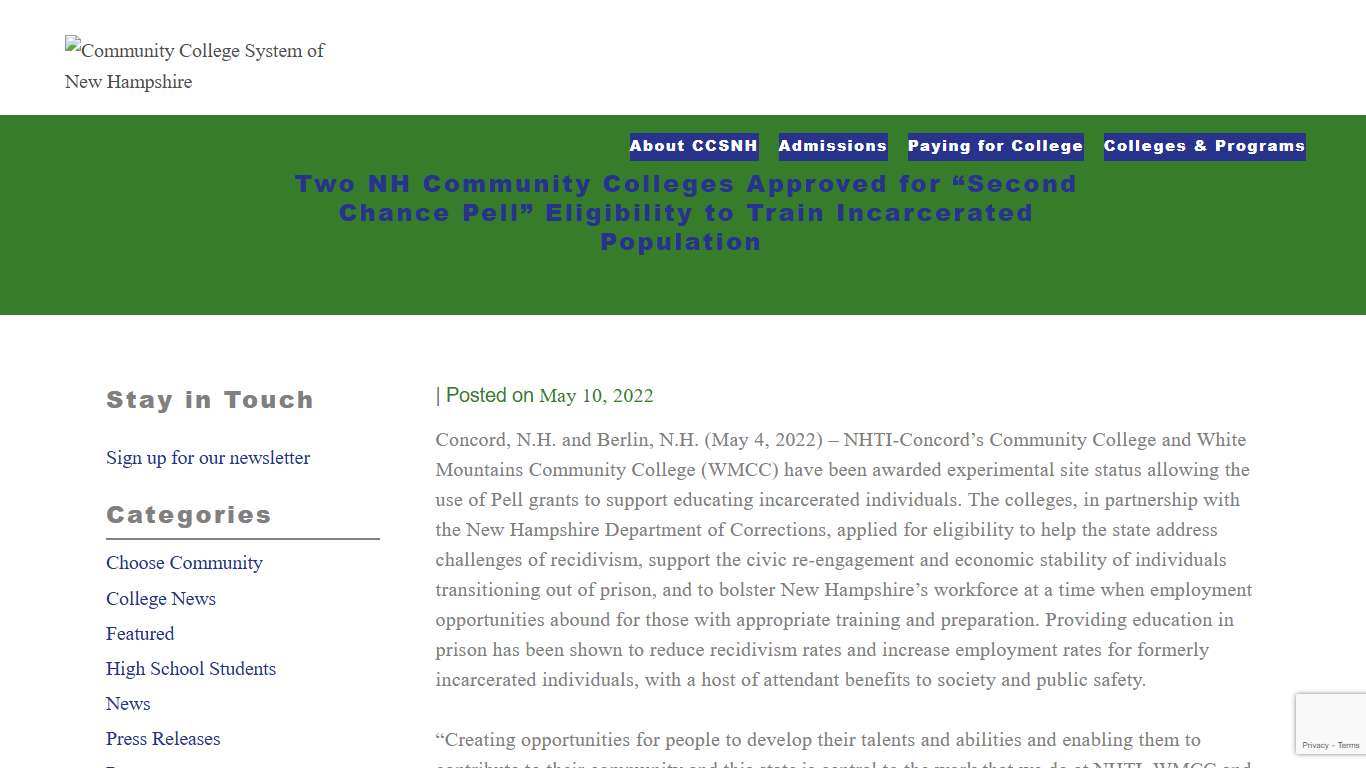 Two NH Community Colleges Approved for “Second Chance Pell” Eligibility to Train Incarcerated Population  - Community College System of New Hampshire